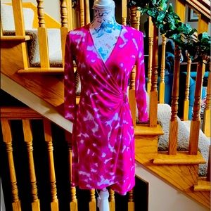 Calvin Klein Violet faux wrap dress with gold side buckle.